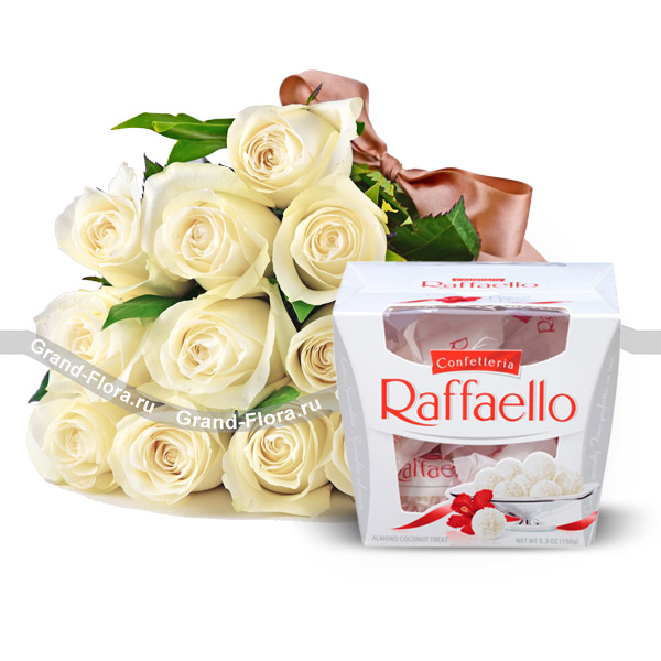 11 белых роз + конфеты "Raffaello"